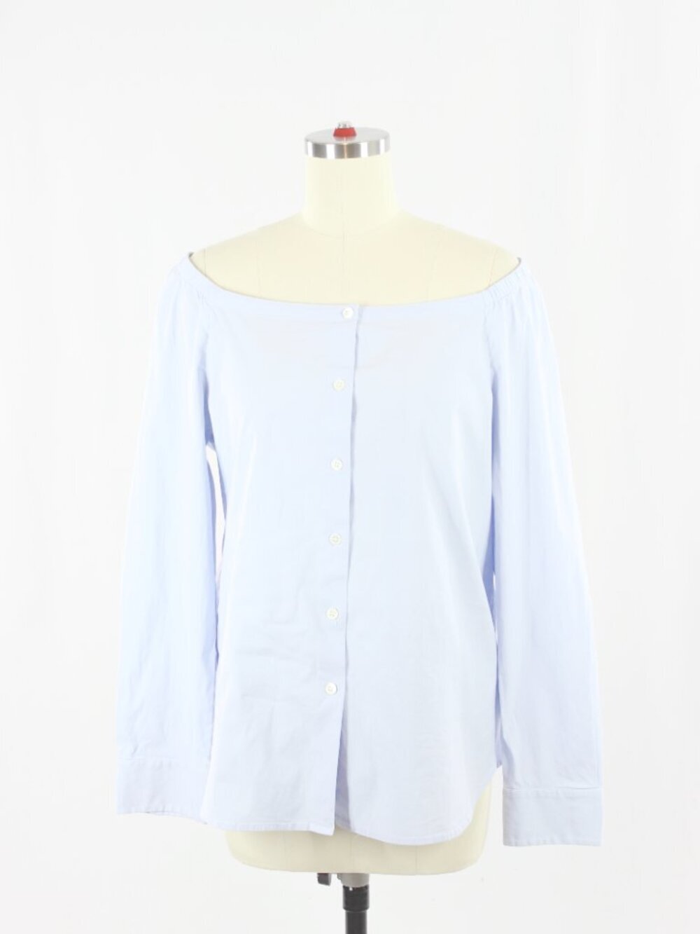 THEORY Auriana Blue Stretch Cotton Poplin Off Shoulder Button Up Shirt, Size L